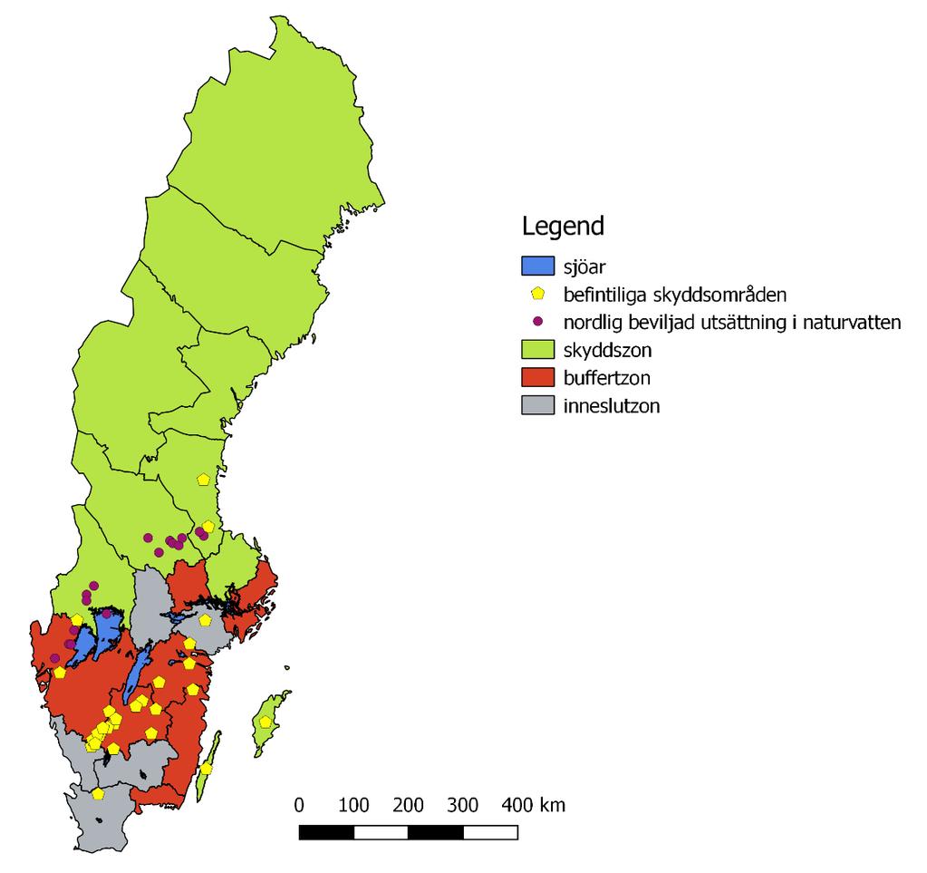 46 RISKANALYS AV SIGNALKRÄFTA I SVERIGE Figur 23. Förslag på regionalisering visad per län tillsammans med befintliga skyddsområden. Förslag bör skapas fritt från länsgränser.