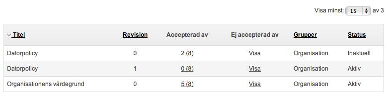 Sida 176/276 Gör ditt urval och klicka på knappen Visa i fältet Policy för att få fram ovanstående vy. Tabellen: En sammanfattning visas i tabellform med sorterbara kolumner.