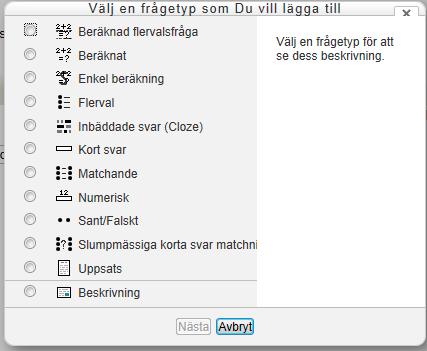 1 Skapa ett nytt test i korthet Då man gör självrättande test i Moodle går man tillväga på följande sätt: 1. I menyn Lägg till en aktivitet eller resurs väljer du Test.