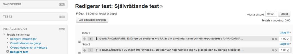 4. Plocka in de frågor du vill använda i det aktuella testet. (Frågorna till ett test kan plockas från flera olika kategorier).