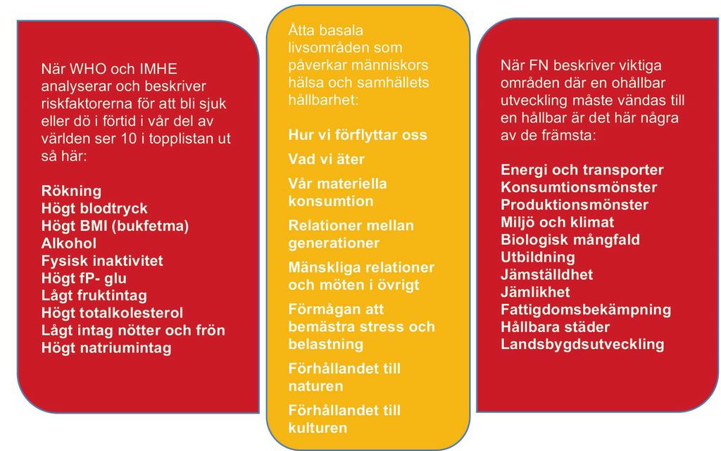 Figur 2. Riskfaktorer för sjukdom och tidig död förenas med de stora framtidsfrågorna i ett begränsat antal basala livsområden 9. * Institute for Health Metrics and Evaluation reparabel skada.