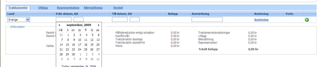 Sida 2 av 8 Traktamente (se Traktamentespolicy på intranätet) Under fliken Traktamente registreras resa på traktamente med hjälp av datum och klockslag.