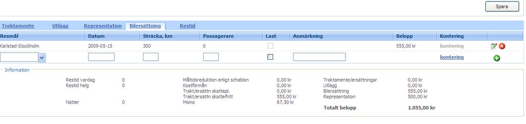 Sida 5 av 8 Bilersättning Under fliken Bilersättning registreras information om du ska ha ersättning för resa