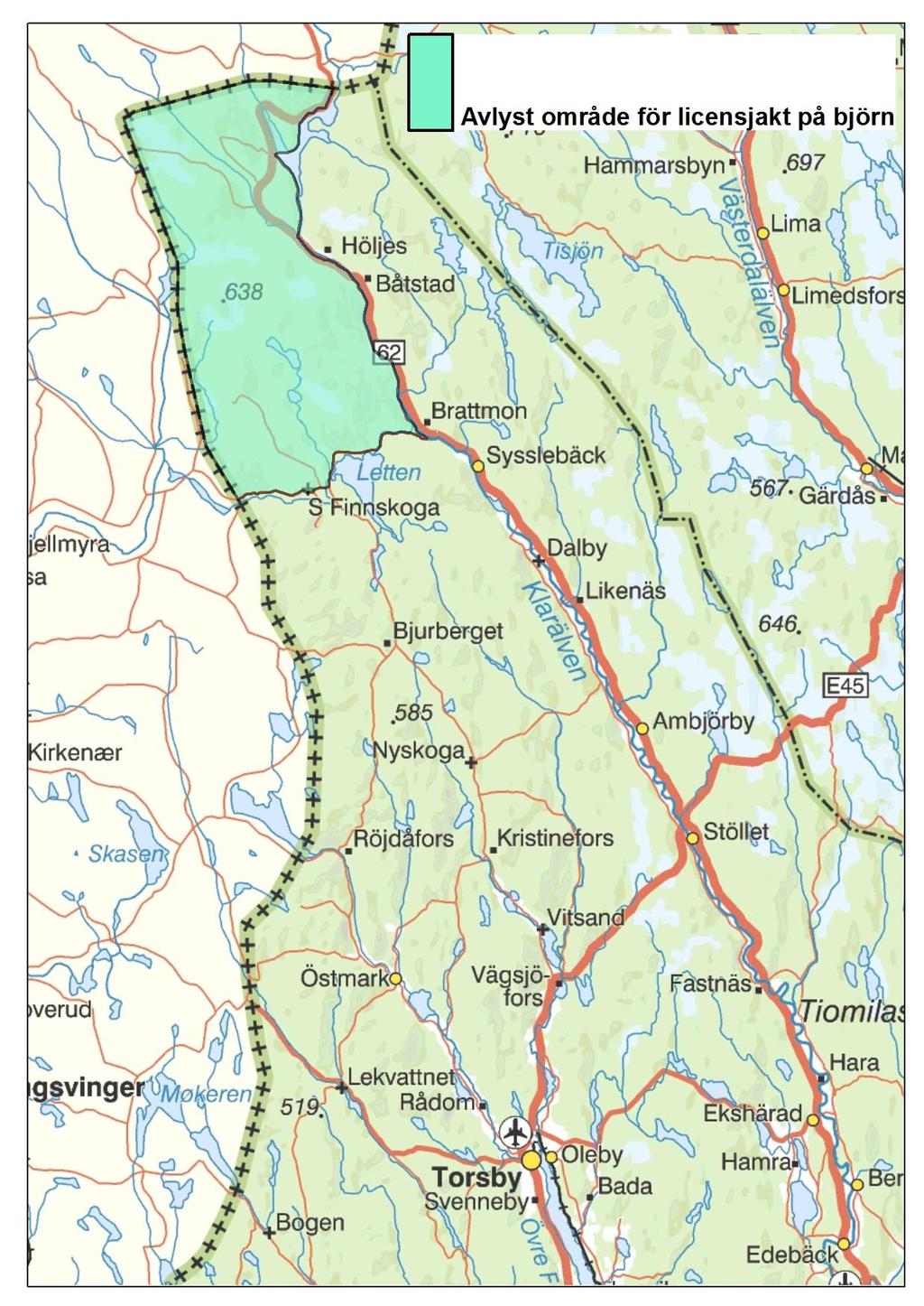 BESLUT 20(25) Bilaga 5. Karta över avlyst område Licensjakt på björn enligt villkoren i detta beslut gäller i hela Värmlands län utom i det avlysta område som markerats på kartan nedan.