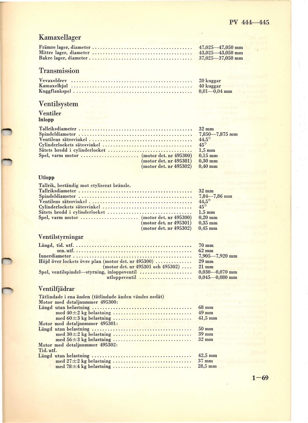 PV 444--445. Kamaxellager Främre lager, diameter. Mittre lager, diameter. Bakre lager, diameter. 47,025-47,050 mm 43,025-43,050 mm 37,025-37,050 mm Transmission Vevaxeldrev,. Kamaxelhjul.