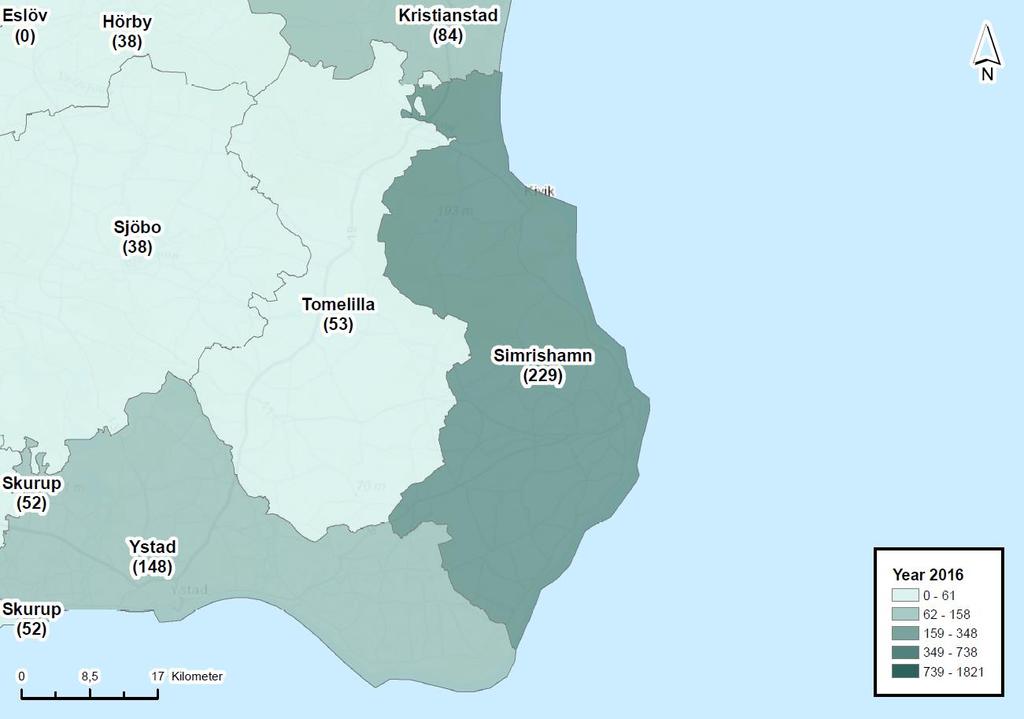 Turismindex Kartan illustrerar ett turismindex för Simrishamn kommun samt omkringliggande kommuners index.