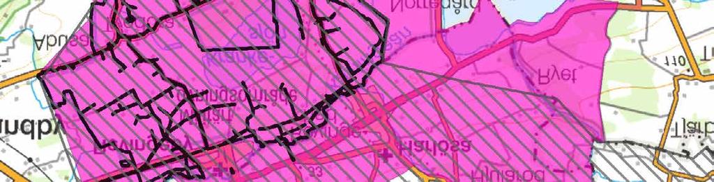 De rosa områdena i kartan markerar influensområde för buller, säkerhet eller annan aspekt.