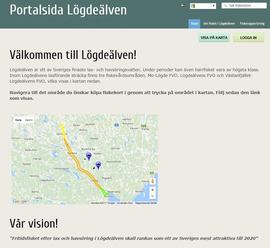 Lögdeälvens portalsida på www.fiskekort.se. Genom att klicka på respektive område kommer fiskegästen till respektive FVOF:s sida där fiskekort kan köpas. E.3.