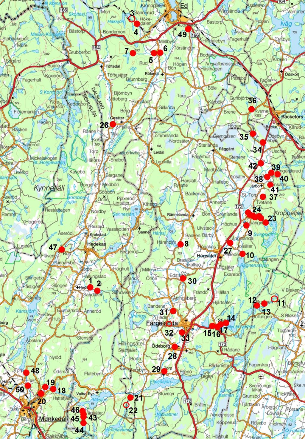 Karta 1. Översiktskarta vandringshinder/dammar inom Örekilsälvens vattensystem.