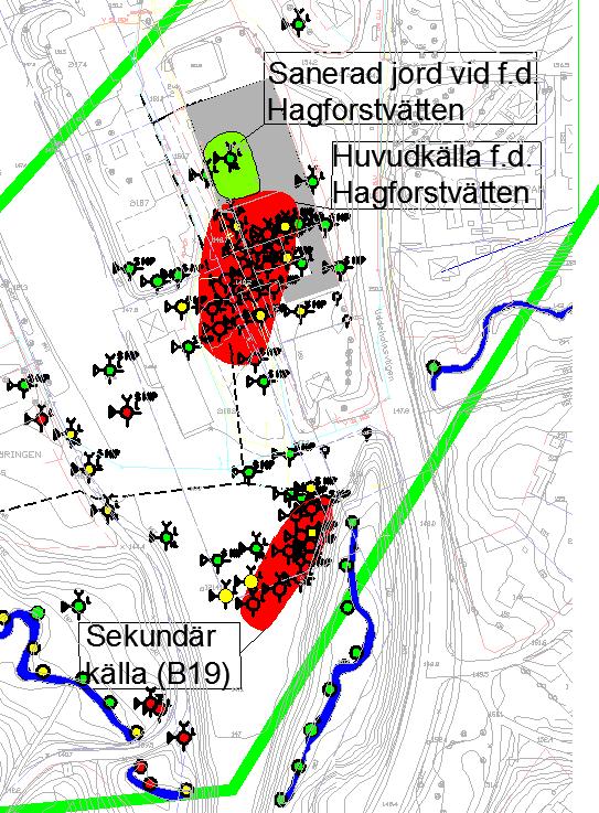 3 PCE förorening 3.1 Källområden Det finns två kända källområden, dels huvudkällan vid f.d. Hagforstvätten, dels källan vid brunn B19, se Figur 6. Figur 6: Huvudkälla vid f.d. Hagfortvätten samt sekundär källa vid B19 (Ungefärlig omfattning).