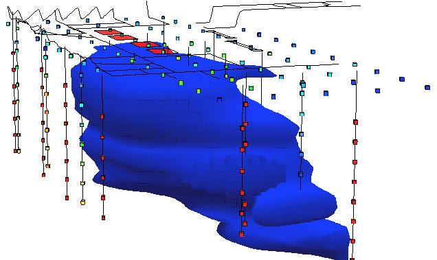 Figur 9: 3-dimentionell bild av föroreningsutbredning i jord under Hagforstvätten representerande PID halt 100 ppm mätt som headspace på jordprov (hämtat från underlagsmaterial för Sweco 2003).