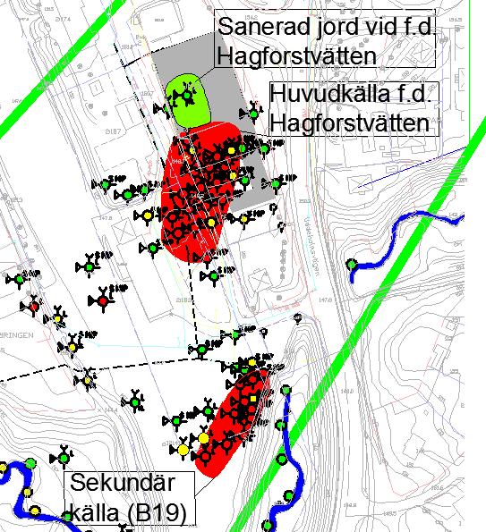 Figur 56: Huvudkälla vid f.d. Hagfortvätten samt sekundär källa vid B19 (Ungefärlig omfattning).