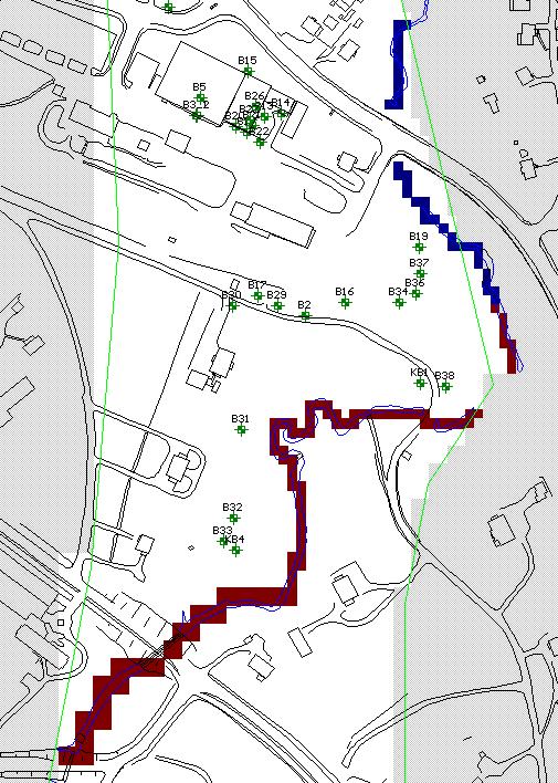 repo001.docx 2012-03-29 N Figur 11: In- och utflöden mellan bäck och grundvattenmagasin. Längs blåfärgad delsträcka sker ett inläckage från Örbäcken till grundvattenmagasinet.
