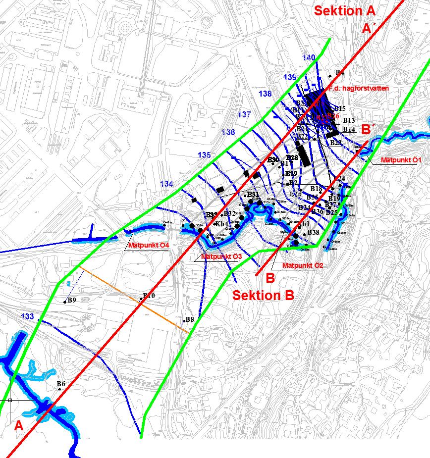 ra04s 2010-12-15 Figur 12: Läge för de konceptuella geologiska sektionerna A och B Grundvattenströmningen går i åsens riktning vilket innebär mot SV.