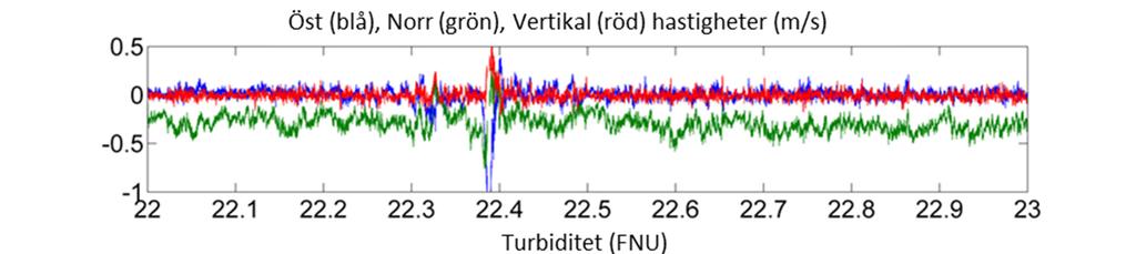 Turbiditeten visar en spik som är fördröjd jämfört med vågdalen och har maxvärde ungefär samtidigt som första vågtoppen.