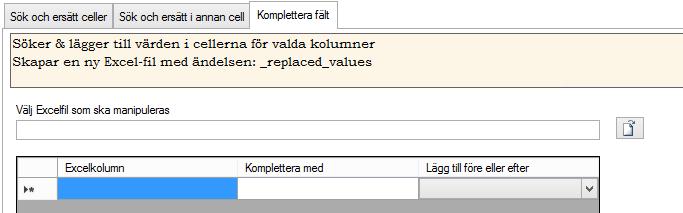 Sida 11 av 12 3.2.2 Töm tabell Om man vill rensa de värden man satt upp i sin mall, kan de rensas med att trycka på Töm tabell. 3.3 Komplettera fält Det är möjligt att komplettera alla fält för angivna kolumner, antingen lägga till text före eller efter.