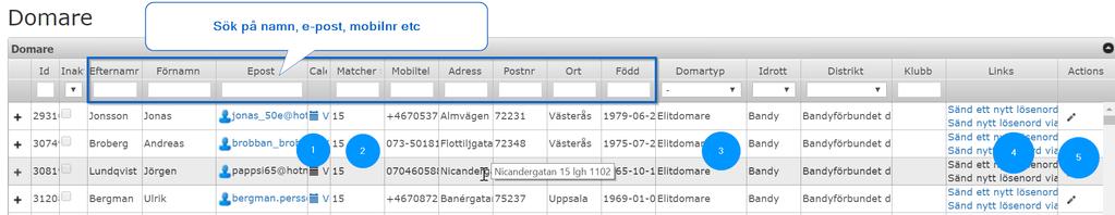 Administrera domare För att komma till redigeringsläge: Dubbelklicka någonstans i domarraden eller använd pennan längst ut till höger 1) Se domarens kalender 2)