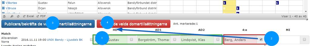 Bekräfta/publicera eller ta bort uppdrag 1) Grön bakgrund indikerar att tillsättningen är bekräftad och publicerad. 2) Röd bakgrund indikerar att tillsättningen är preliminär.