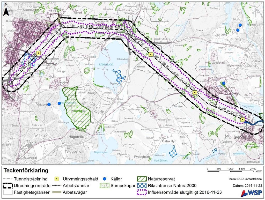 Uppdragsnr: 10217114 11 (17) Figur 10. Den samlade bedömningen av influensområdet utbredning kring ÖVA-tunneln med 0,3 m avsänkning i ytterkant.