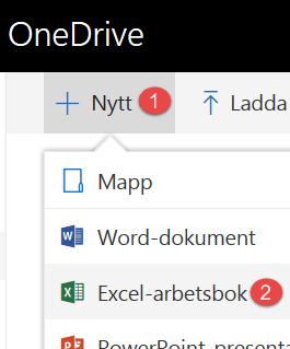 1. I OneDrive klickar du på Nytt. 2. Välj Excel-arbetsbok. Nu kan du direkt börja arbeta i din Excel-fil online.