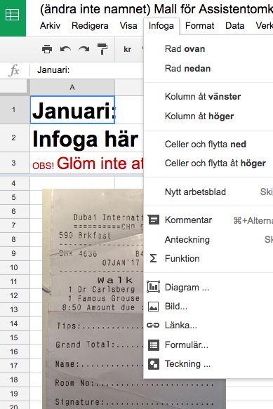 Infoga bild på kvittot: del 2 Efter man har skannat in sina kvittot i ex. Google Drive, kan de nu läggas upp. Obs!