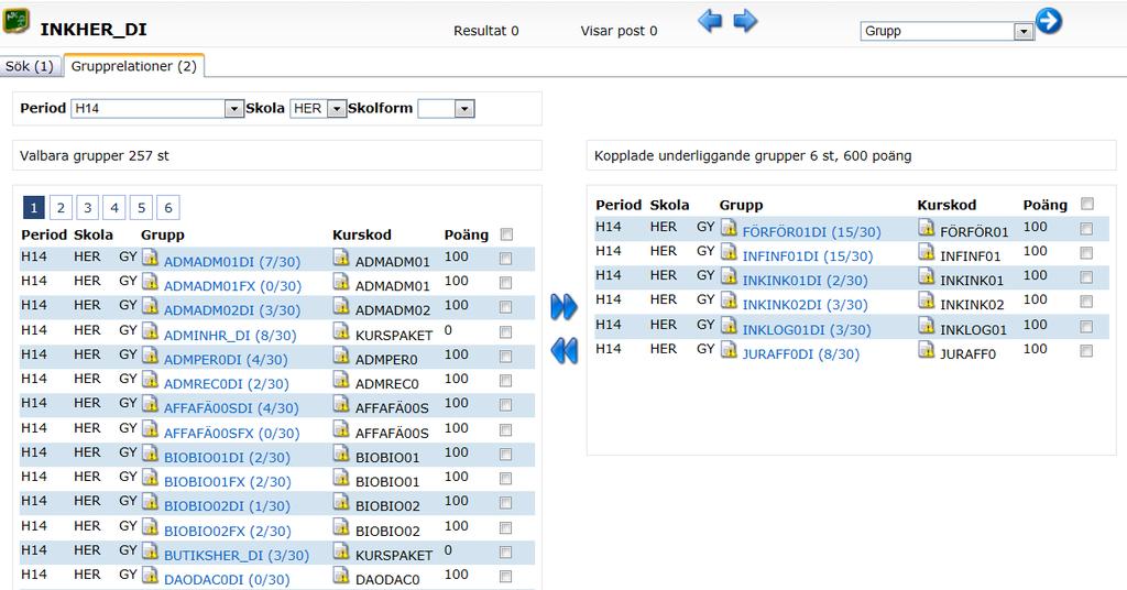 Välj Grupprelationer och klicka på den blå pilen 3 5 4 6 3. Kontrollera att det kurspaket du vill koppla grupper till står som rubrik, välj sedan aktuell period och skola 4.