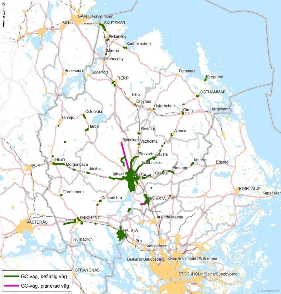 8 (28) Hösten 2012 genomfördes en regional inventering av behovet av cykelvägar1. Utgångspunkten var att binda ihop så gott som samtliga länets tätorter.