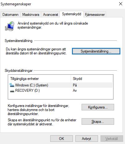 Nu får du fram dialogrutan Systemegenskaper. Med denne kan du både skapa en återställningspunkt och återställa systemet med en befintlig återsällningspunkt.