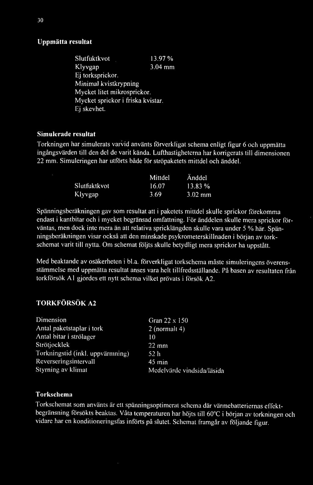 Lufthastighetema har korrigerats till dimensionen 22 mm. Simuleringen har utförts både för ströpaketets mittdel och änddel. Mittdel Änddel Slutfuktkvot 16.07 13.83 % Klyvgap 3.69 3.