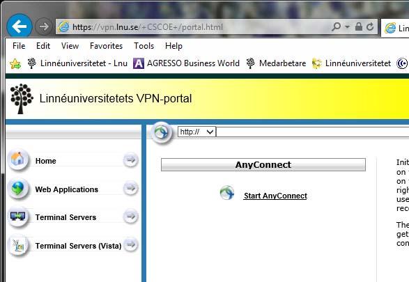 I i mitten på sidan trycker ni på knappen Start AnyConnect.
