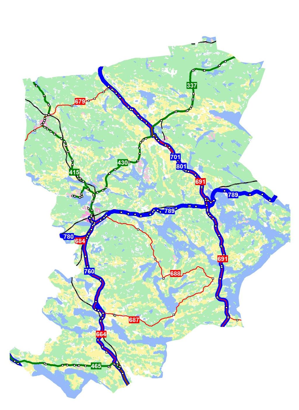 Dagens linjenät (buss) i Flens kommun uppdelat på regionala linjer (blå färg), lokala