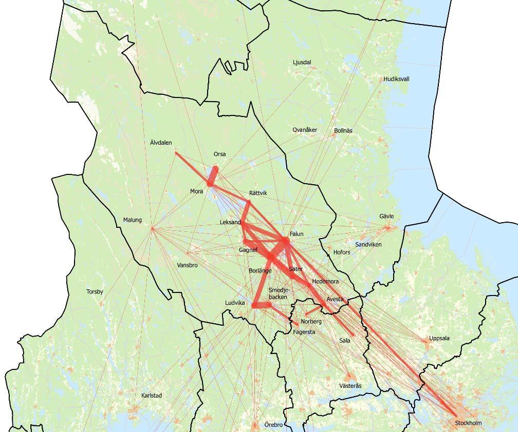 Arbets- och studiependlingsmönster Dalarna ligger i nivå med Örebro län och Västmanlands län (26 27%) i andel utpendlare av totalt antal sysselsatta i kommunen (nattbefolkning) och högre än