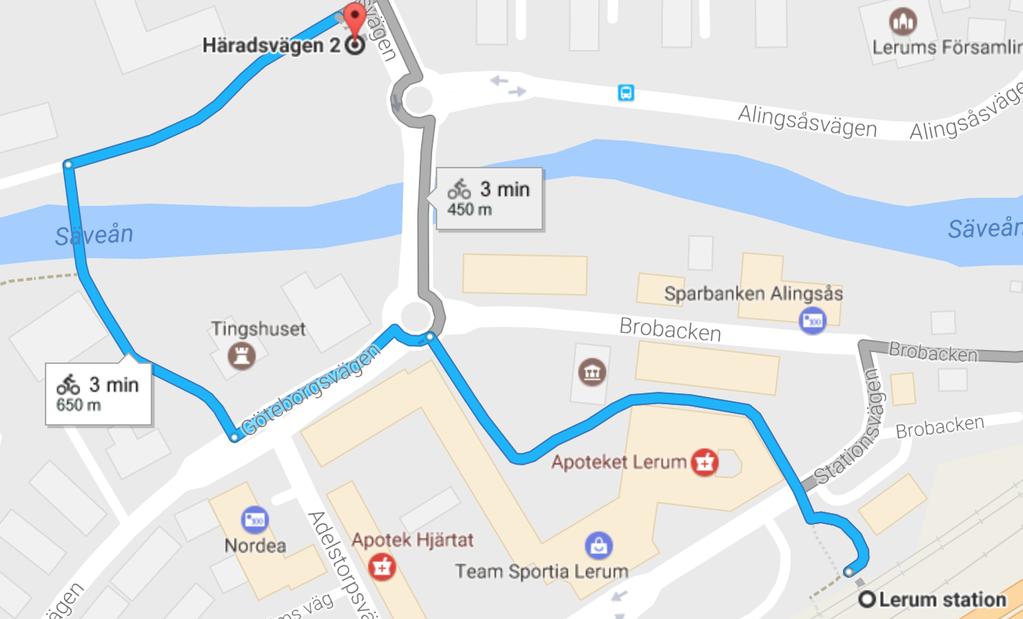 Figur 2 Karta över föreslagen cykelväg från Säveå Park till Lerums station (källa: Google maps) Lerums station trafikeras av såväl pendeltåg mot Alingsås/Göteborg samt regionala och lokala busslinjer.