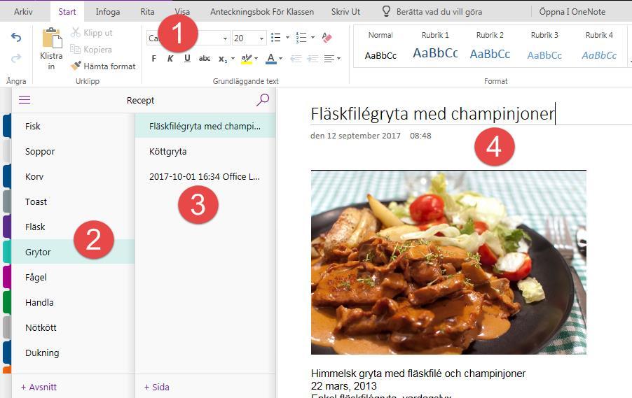 Manual steg för steg En första översikt Så här är OneNote Online uppbyggt. 1. Menyflikar där man hittar de viktigaste funktionerna. 2.