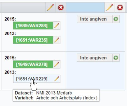 192 Hybridelementets innehåll 1. När hybridelementets struktur är färdig ska du lägga in vilken variabel som ska visas i respektive cell för kolumner av typen diagram och tabell.