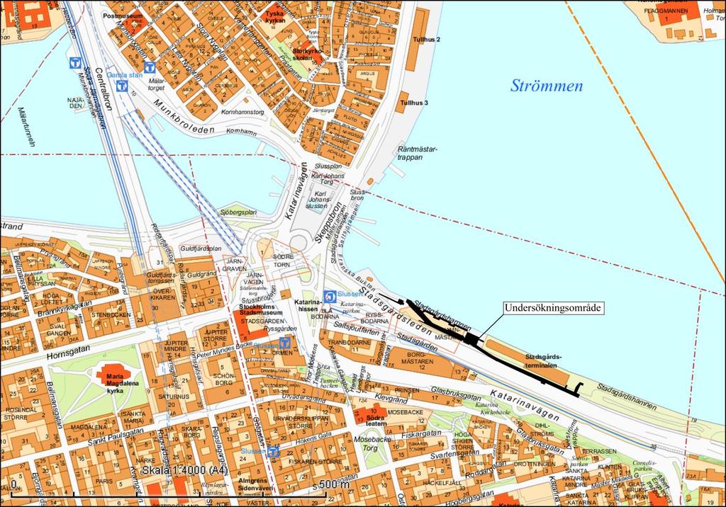 Figur 1: Undersökningsområdet markerat på ett utsnitt ur DP/Map, Stockholms stadsbyggnadskontor.