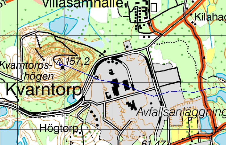 5 Kartutsnitt över Kvarntorpshögen. Det blåa spåret visar hur ballongen flugit in mot toppen (data från ballongens GPS-logg).