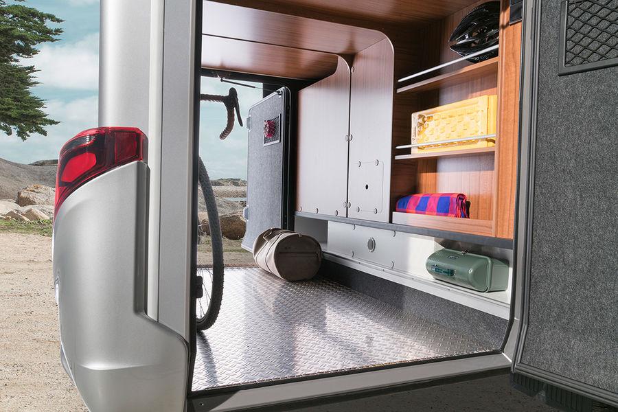 Garage i bakdelen Hymermobil B-klass DynamicLine 588 Det enorma garaget med en lastkapacitet på 350 kg