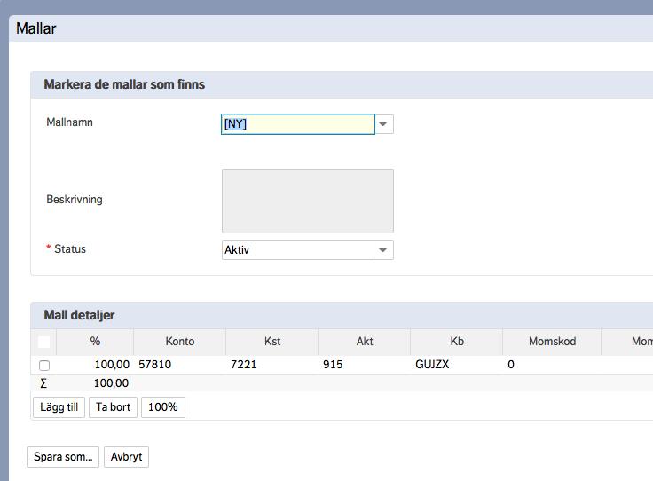 Skapa/redigera mall Om du har konterat en faktura och vill spara konteringen som en mall, klicka på