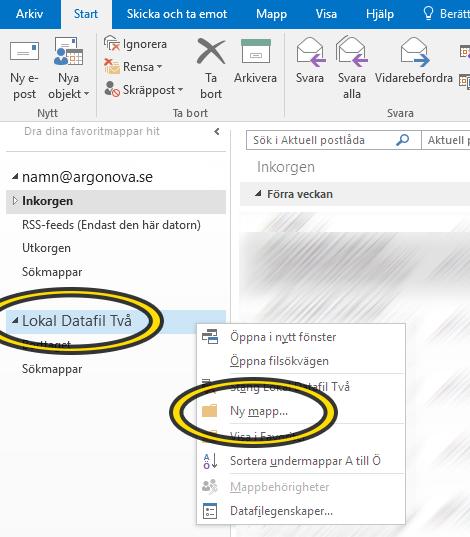 7. Fönstret ifrån steg 4 visas igen: Klicka på Stäng. 8. Nu finns en ny avdelning i vänsterkolumnen i Outlook och den heter detsamma som det du döpte filen till vid steg 6.