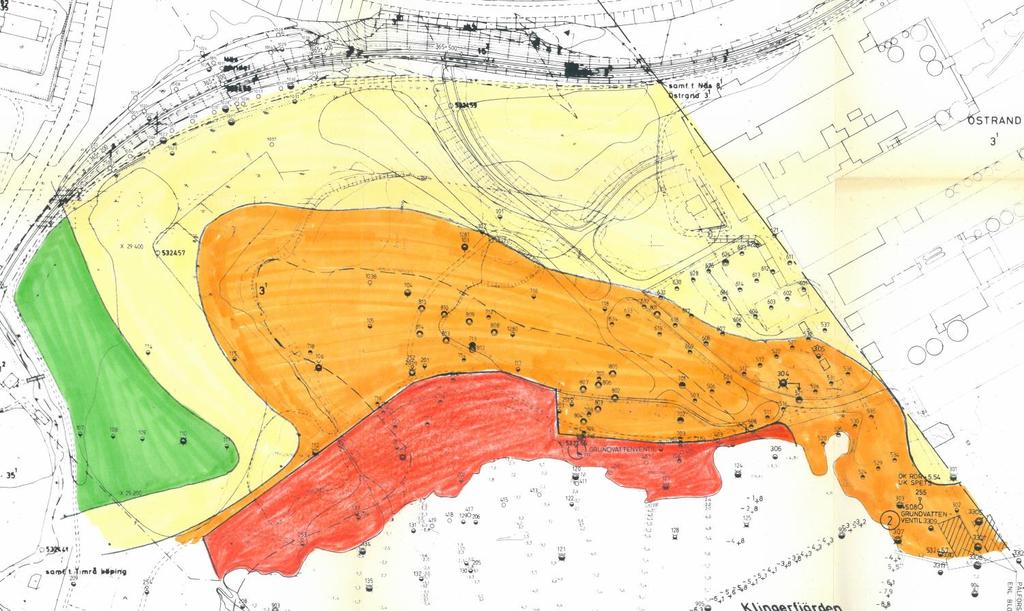 Figur 2. Utdrag ur Geoteknisk generalplan för det västra område, Tyréns 1982. Innebörden av de olika färgkoderna i figur 2 kan ses i figur 3. Figur 3.