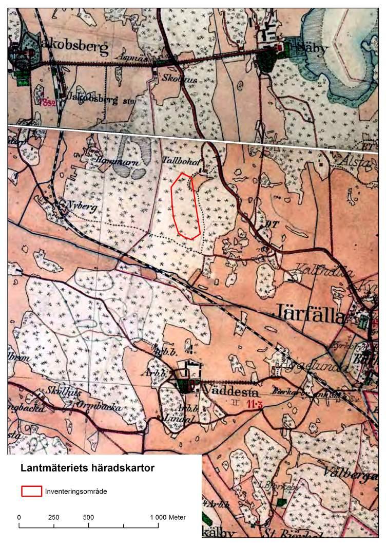 Figur 7. Lantmäteriets häradskarta från omkring förra sekelskiftet. Beiga fält symboliserar jordbruksmark. Stjärnor på vita fält symboliserar barrträd och ringar symboliserar lövträd.