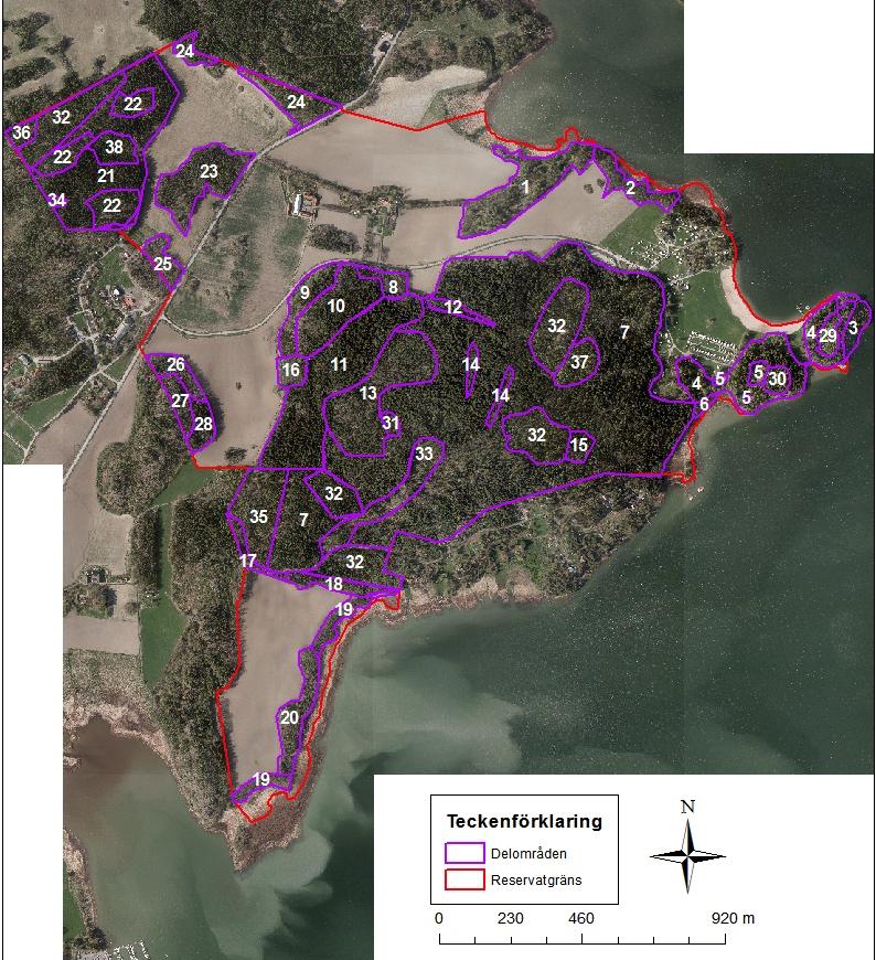 Figur 1. Karta över gränsen över det inventerade området samt alla delområden.