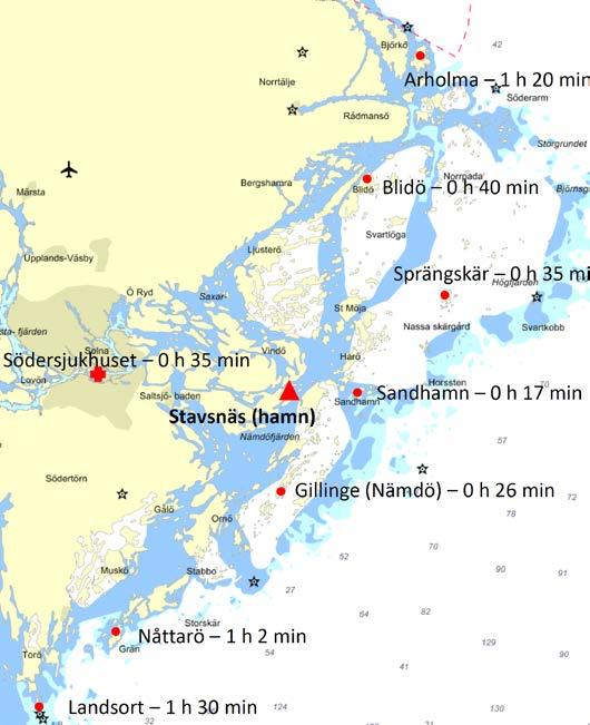 Bilaga 3 Tid till ankomst Tidsangivelser till havs beräknade på maxfart (30 knop) från Stavsnäs, enkel resa fågelvägen, tid för angörande vid brygga ej inräknat.
