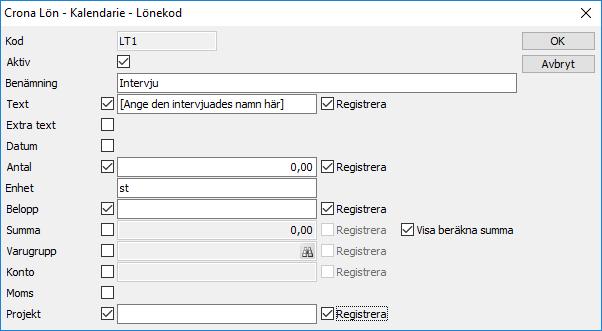 Guider och ersättningar Çrona Portal Standardvärde Anger du ett värde i detta längre fält, visas det när man väljer denna lönekod.