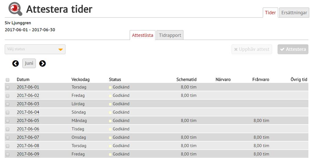 Çrona Portal Godkänna och attestera Här har du klickat på Siv och får då en rad för varje dag i perioden på attestlistan.