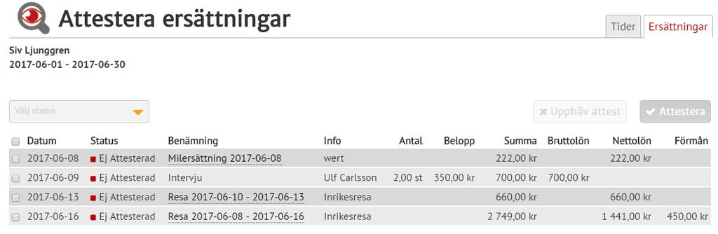 detaljerad lista, där du ser varje post. Utskrift attestlistor Du kan göra utskrift av attestlista för både tider och ersättningar med ikonen U.