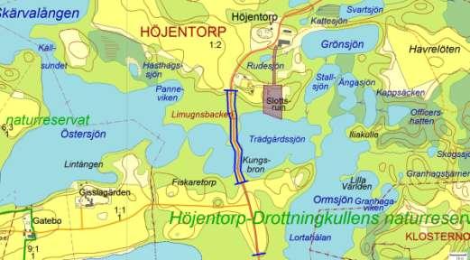 4. Söder om Kungsbron - Höjentorp slottsruin NV 0,5 km Allmänt Denna vägsträcka går förbi Östersjön och omges av lövskogar. En rastplats finns i anslutning till Höjentorps slottsruin.