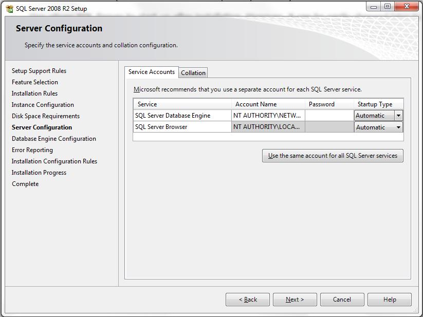 Server Configuration: Välj Automatic på Startup Type. Välj Next.