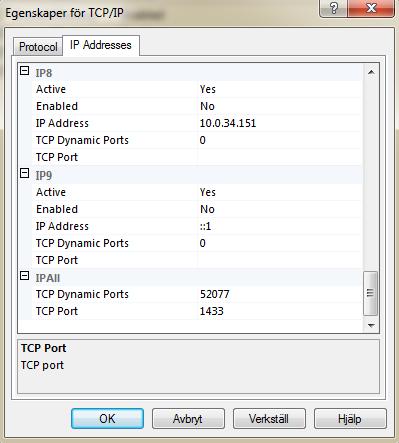 Genväg till verktyget: Startmenyn/Alla Program/Microsoft SQL Server 2012/Configuration tools. I vänstra fönstret, utöka SQL Network Configuration och markera Protocols for SQLEXPRESS.